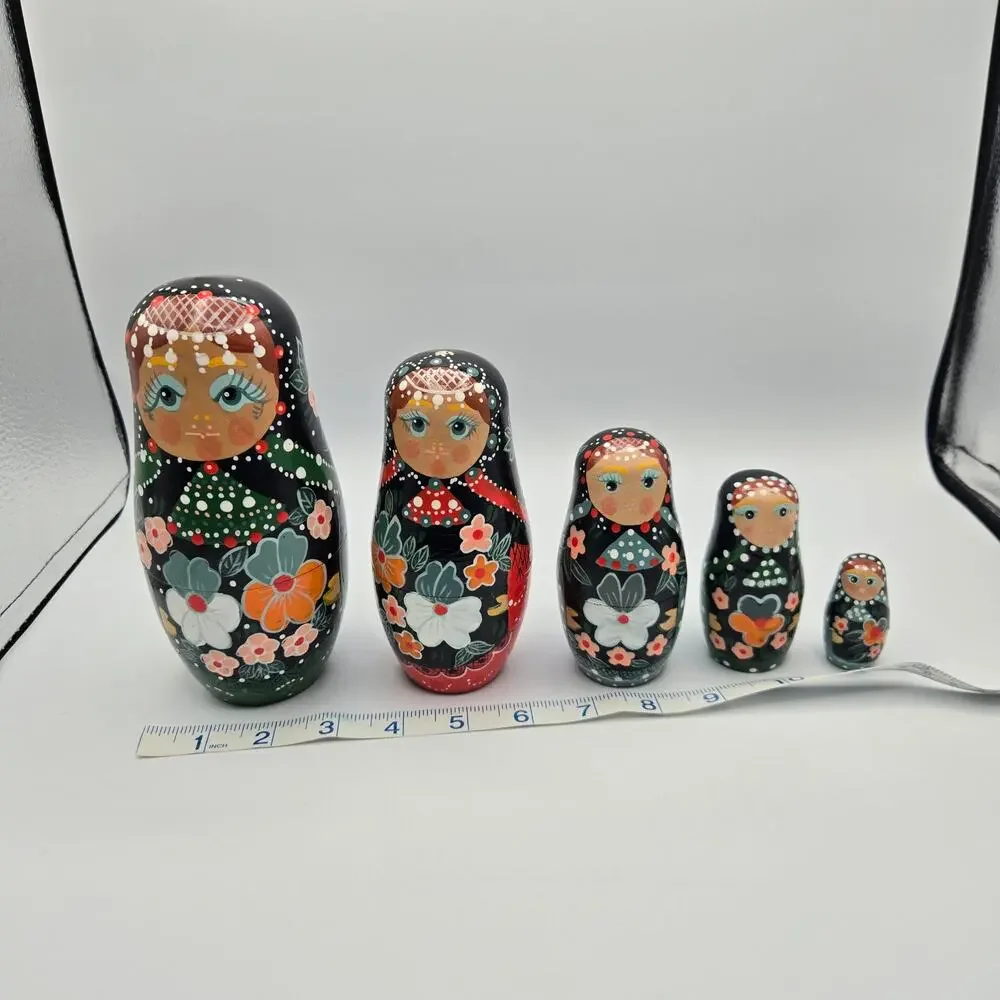 Vintage 5 Piece Russian Nesting Stacking Dolls Painted Floral Handmade